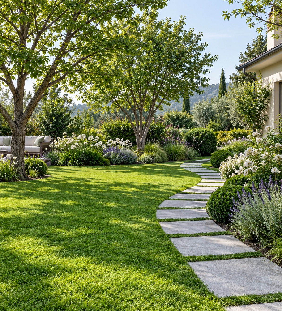 Giardino con prato, aiuole fiorite e percorso in pietra